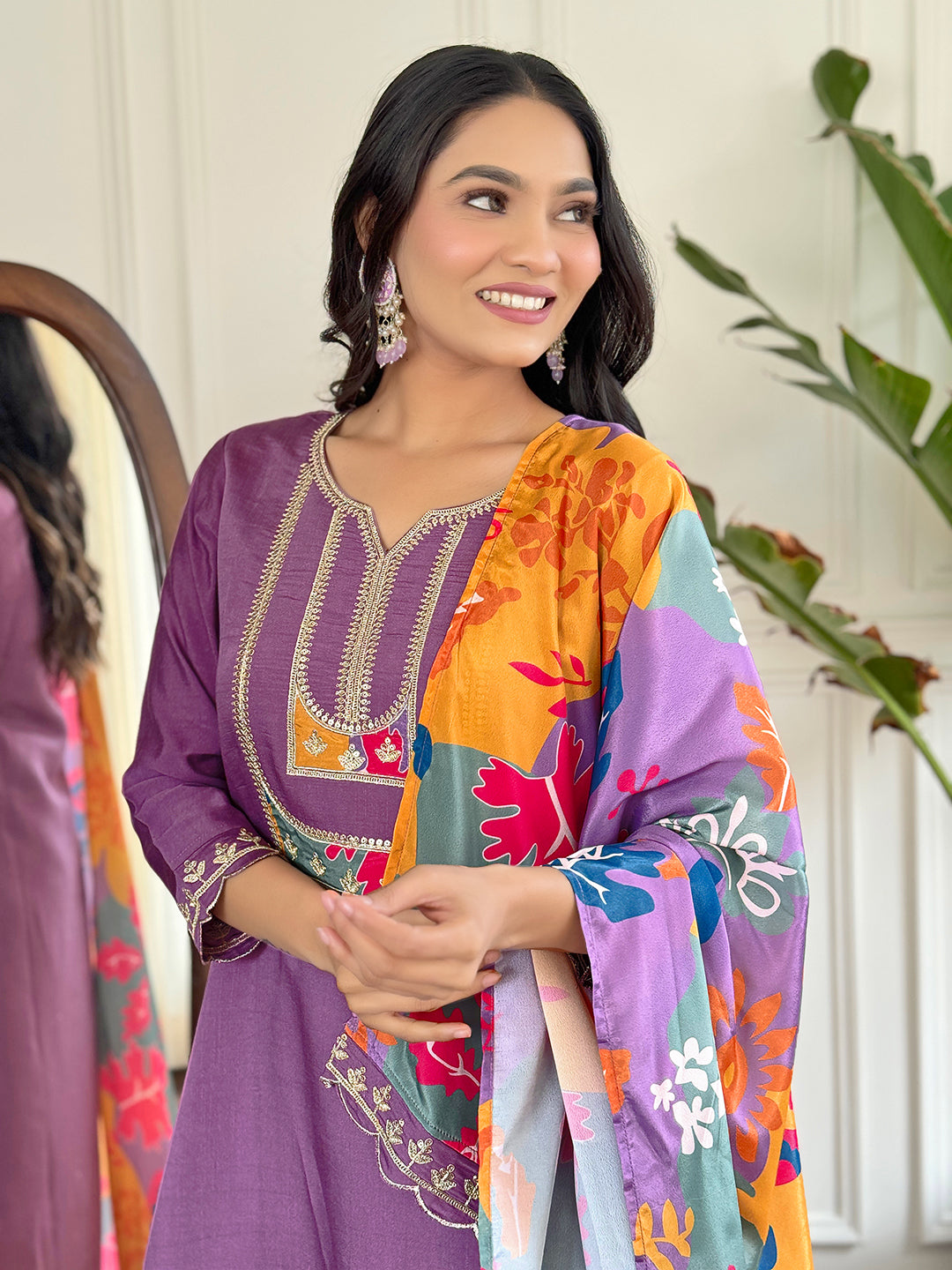 Women's Purple Embroidered Kurta Set with Dupatta, Purple, 3/4 Sleeve, Sweetheart Neck