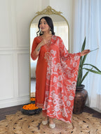 Women’s Traditional Orange Kurta Set in Viscose Chanderi with Embroidered Kurta & Floral Print Dupatta