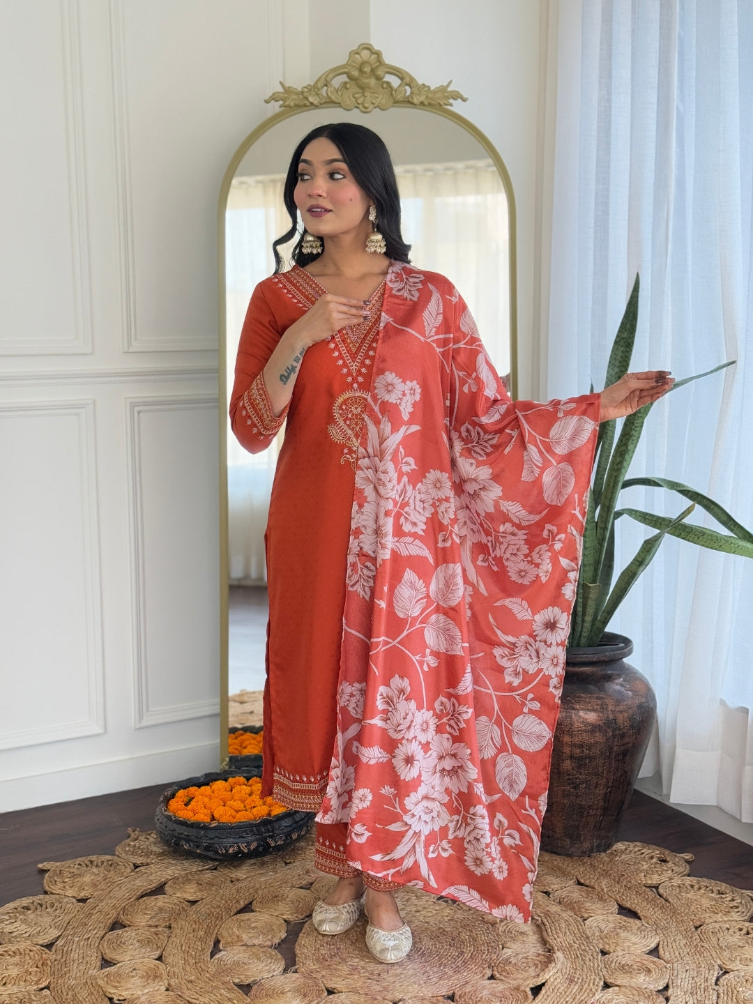 Women’s Traditional Orange Kurta Set in Viscose Chanderi with Embroidered Kurta & Floral Print Dupatta