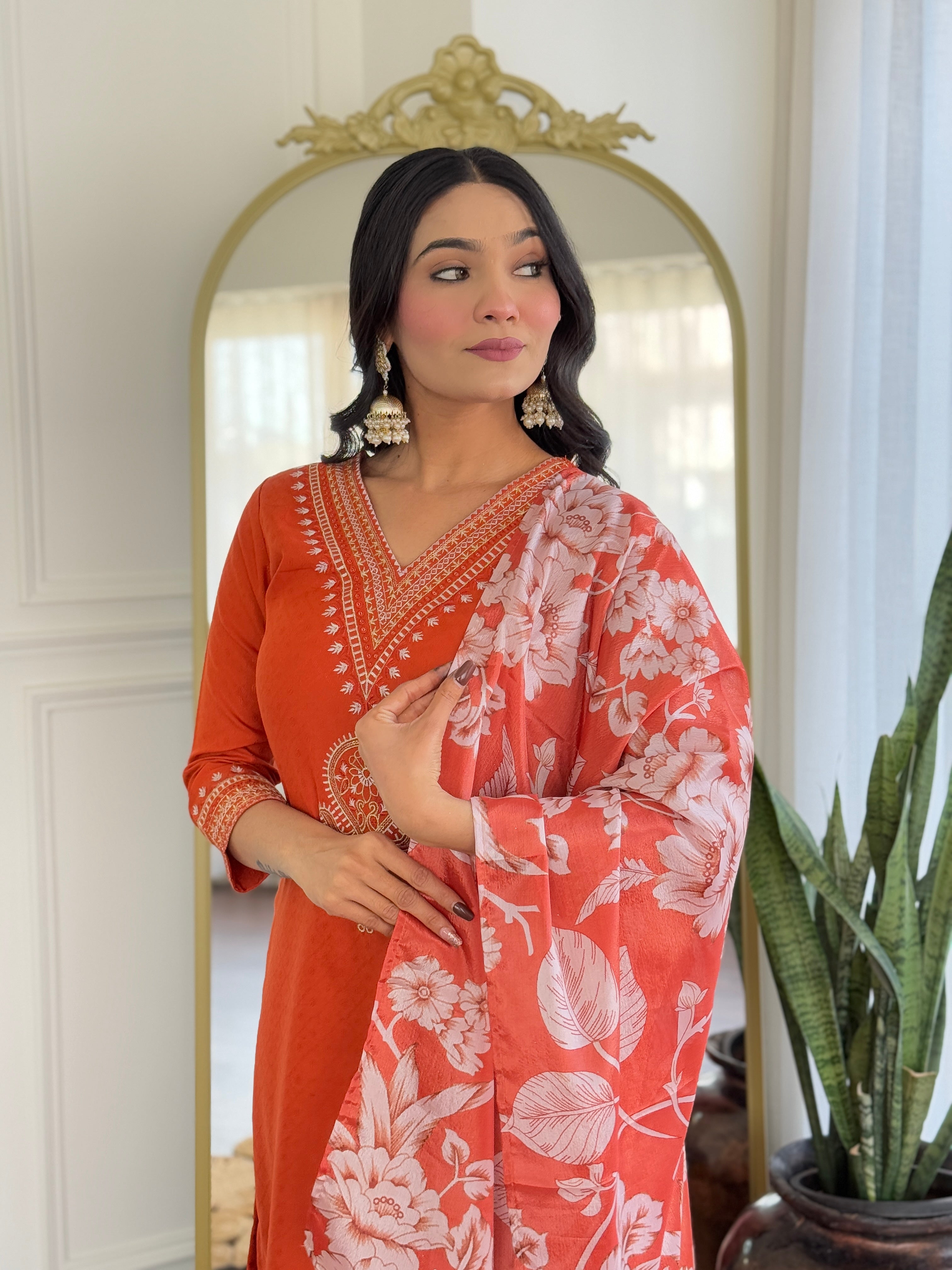 Women’s Traditional Orange Kurta Set in Viscose Chanderi with Embroidered Kurta & Floral Print Dupatta