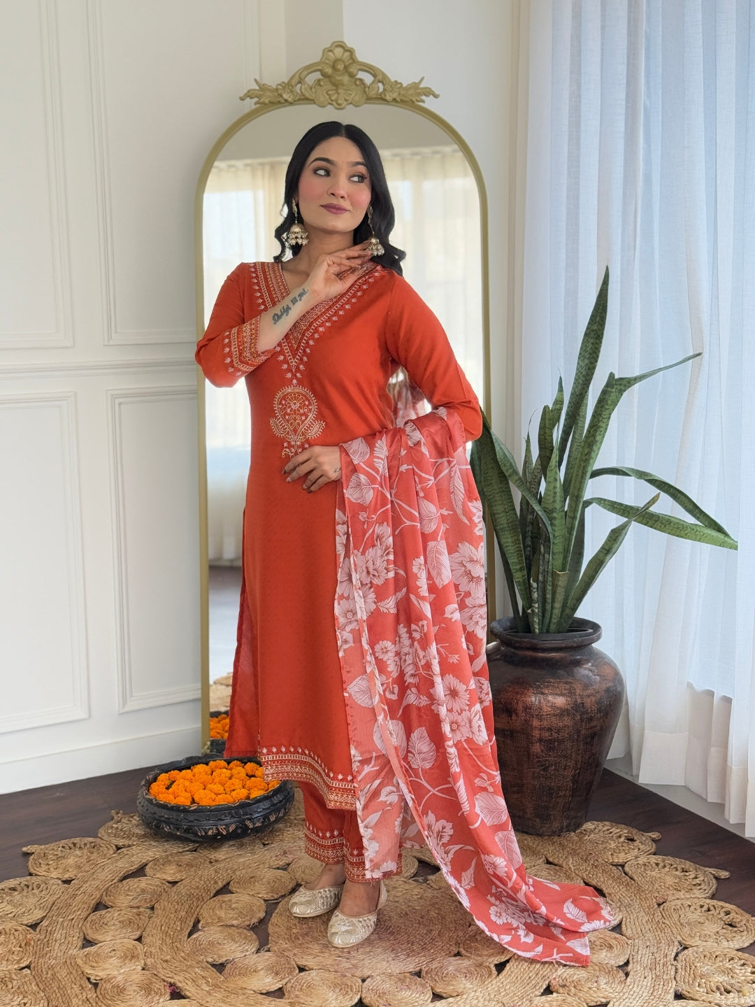 Women’s Traditional Orange Kurta Set in Viscose Chanderi with Embroidered Kurta & Floral Print Dupatta