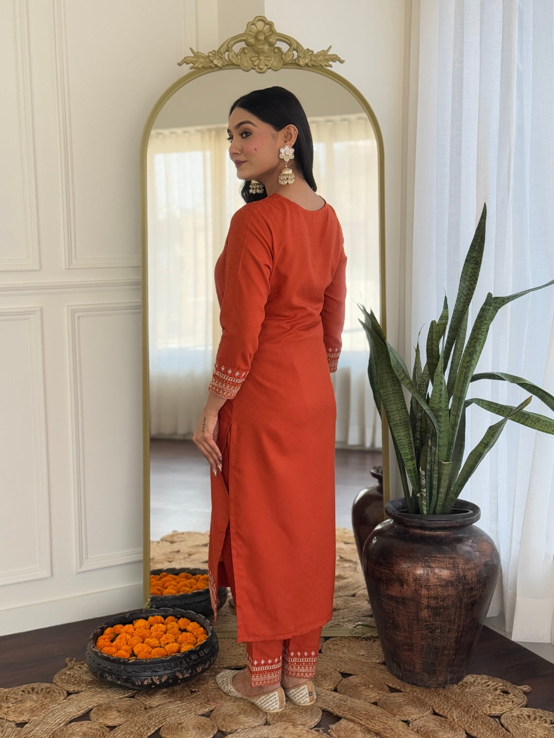 Women’s Traditional Orange Kurta Set in Viscose Chanderi with Embroidered Kurta & Floral Print Dupatta