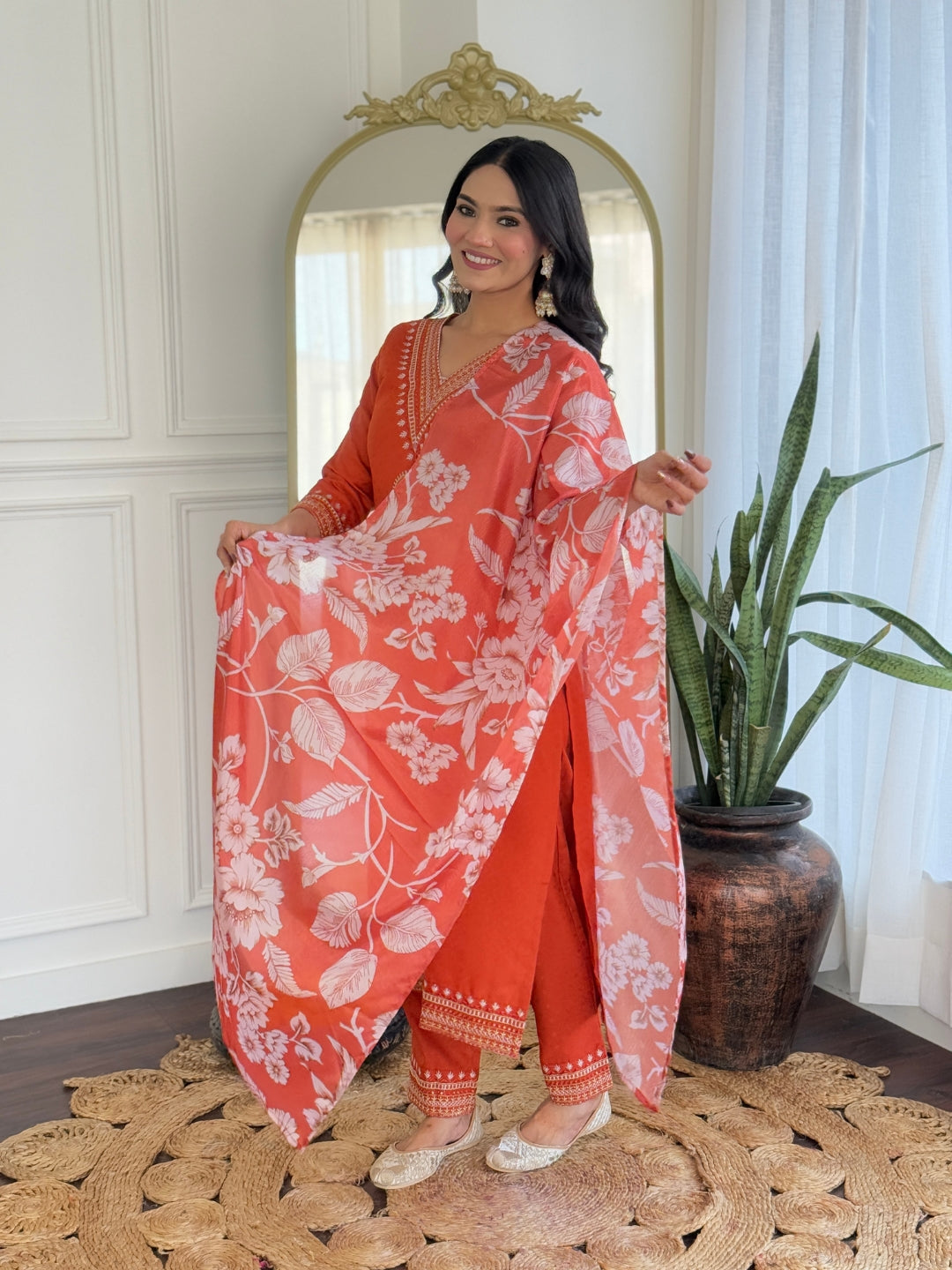 Women’s Traditional Orange Kurta Set in Viscose Chanderi with Embroidered Kurta & Floral Print Dupatta