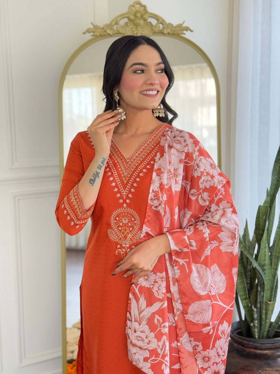 Women’s Traditional Orange Kurta Set in Viscose Chanderi with Embroidered Kurta & Floral Print Dupatta
