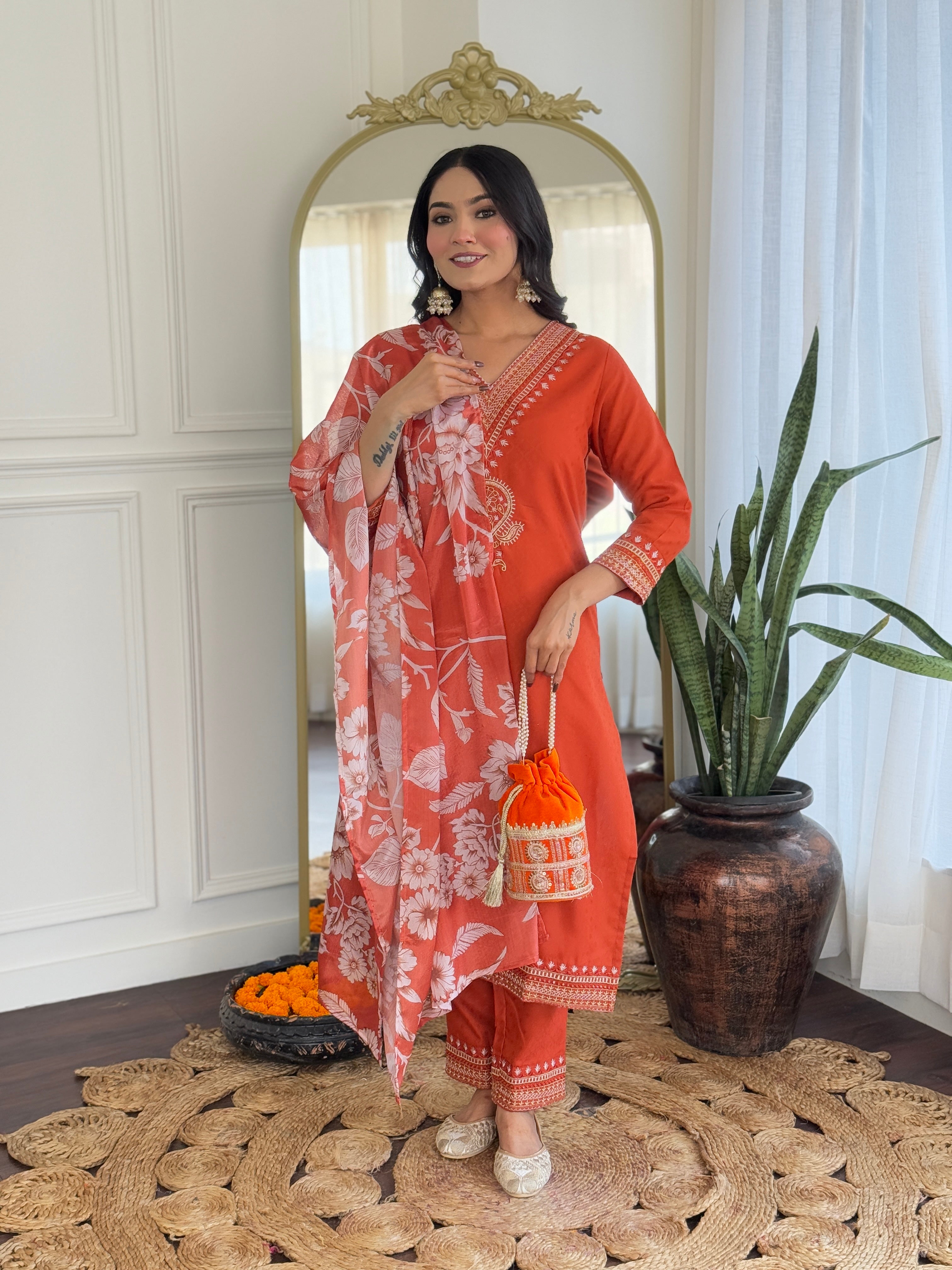 Women’s Traditional Orange Kurta Set in Viscose Chanderi with Embroidered Kurta & Floral Print Dupatta