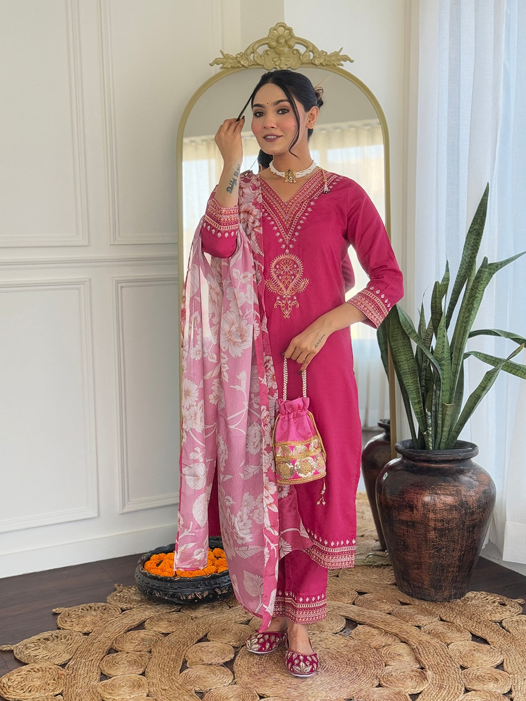 Women’s Traditional Pink Kurta Set in Viscose Chanderi with Embroidered Kurta & Floral Print Dupatta