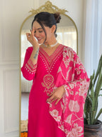 Women’s Traditional Pink Kurta Set in Viscose Chanderi with Embroidered Kurta & Floral Print Dupatta