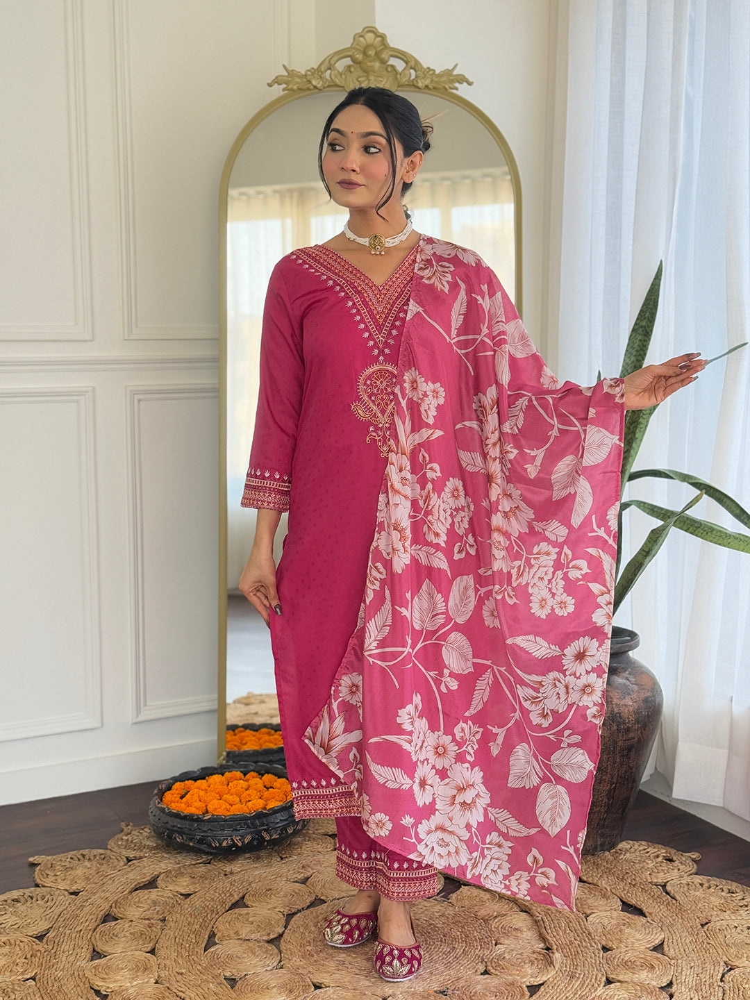 Women’s Traditional Pink Kurta Set in Viscose Chanderi with Embroidered Kurta & Floral Print Dupatta