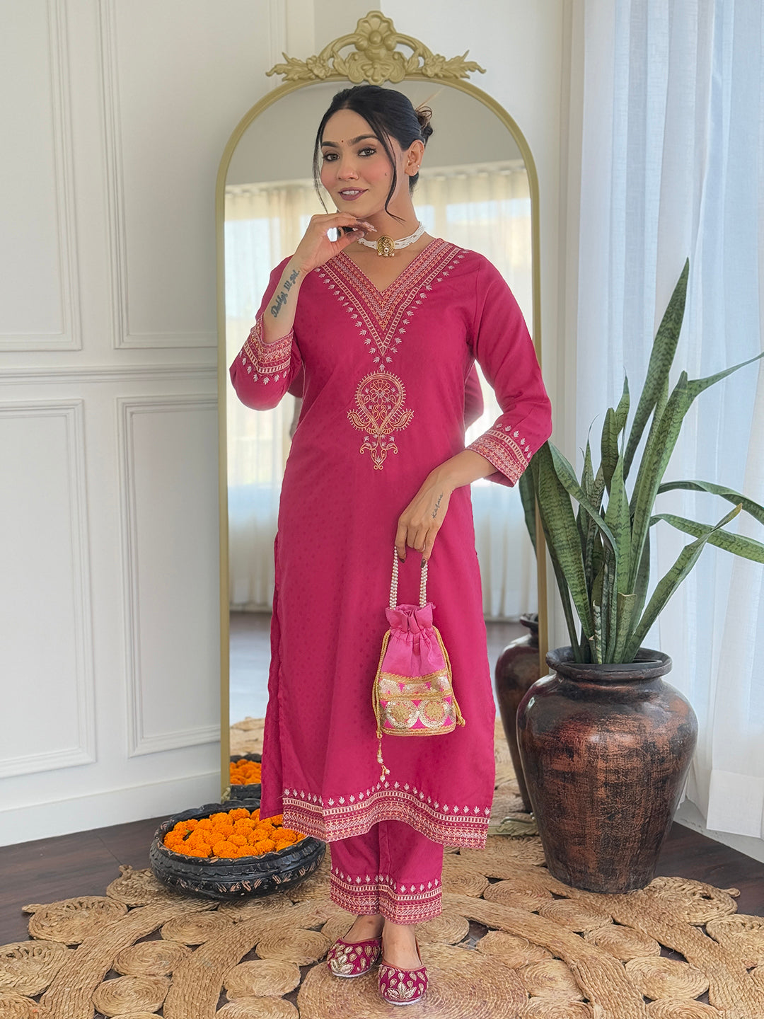 Women’s Traditional Pink Kurta Set in Viscose Chanderi with Embroidered Kurta & Floral Print Dupatta