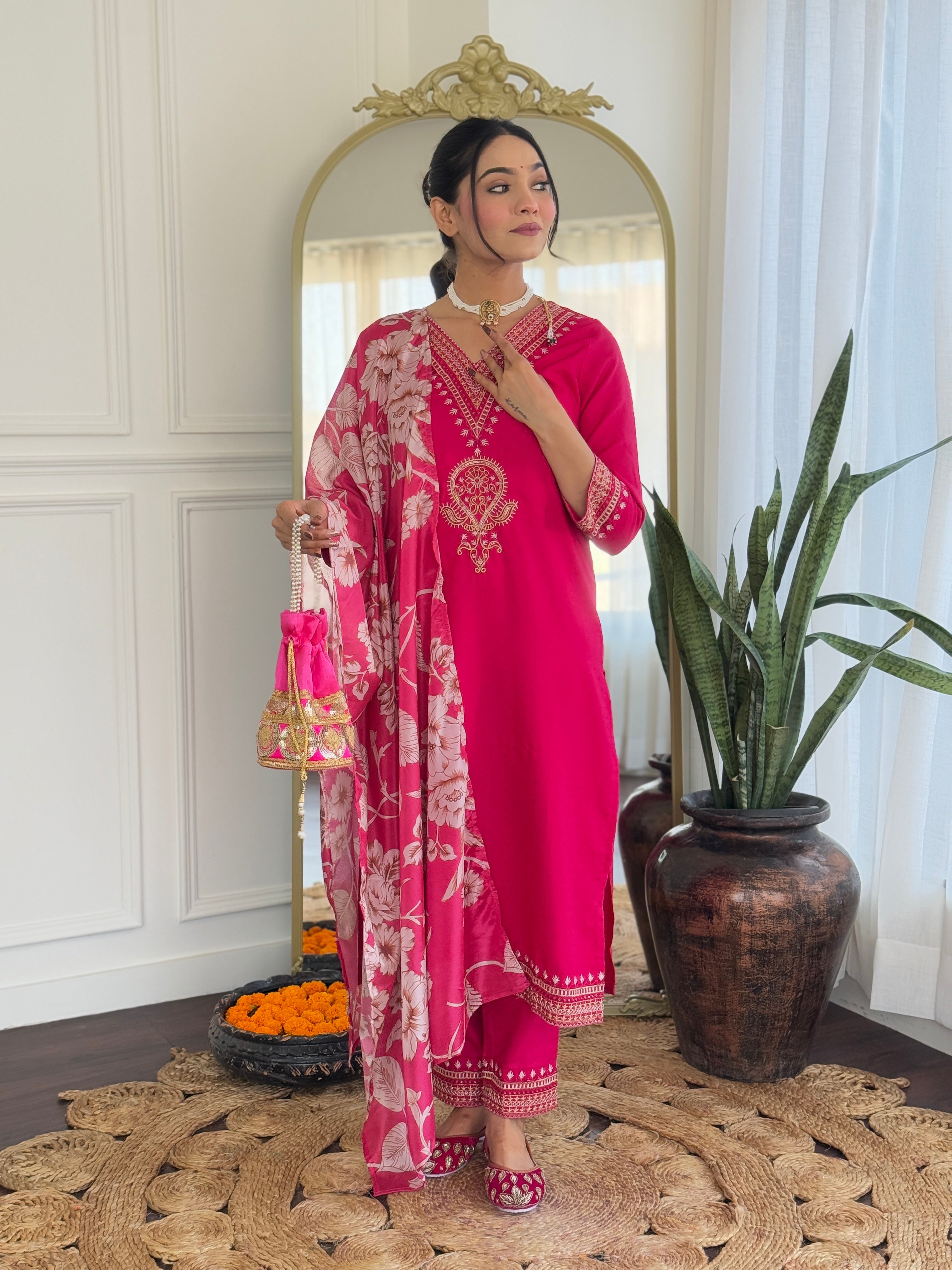 Women’s Traditional Pink Kurta Set in Viscose Chanderi with Embroidered Kurta & Floral Print Dupatta