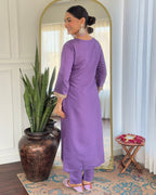 Women’s Lavender Viscose Rayon Jacquard Kurta with Elegant Embroidery