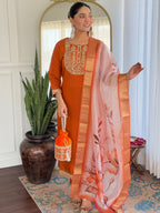 Women’s Orange Viscose Rayon Jacquard Kurta with Elegant Embroidery
