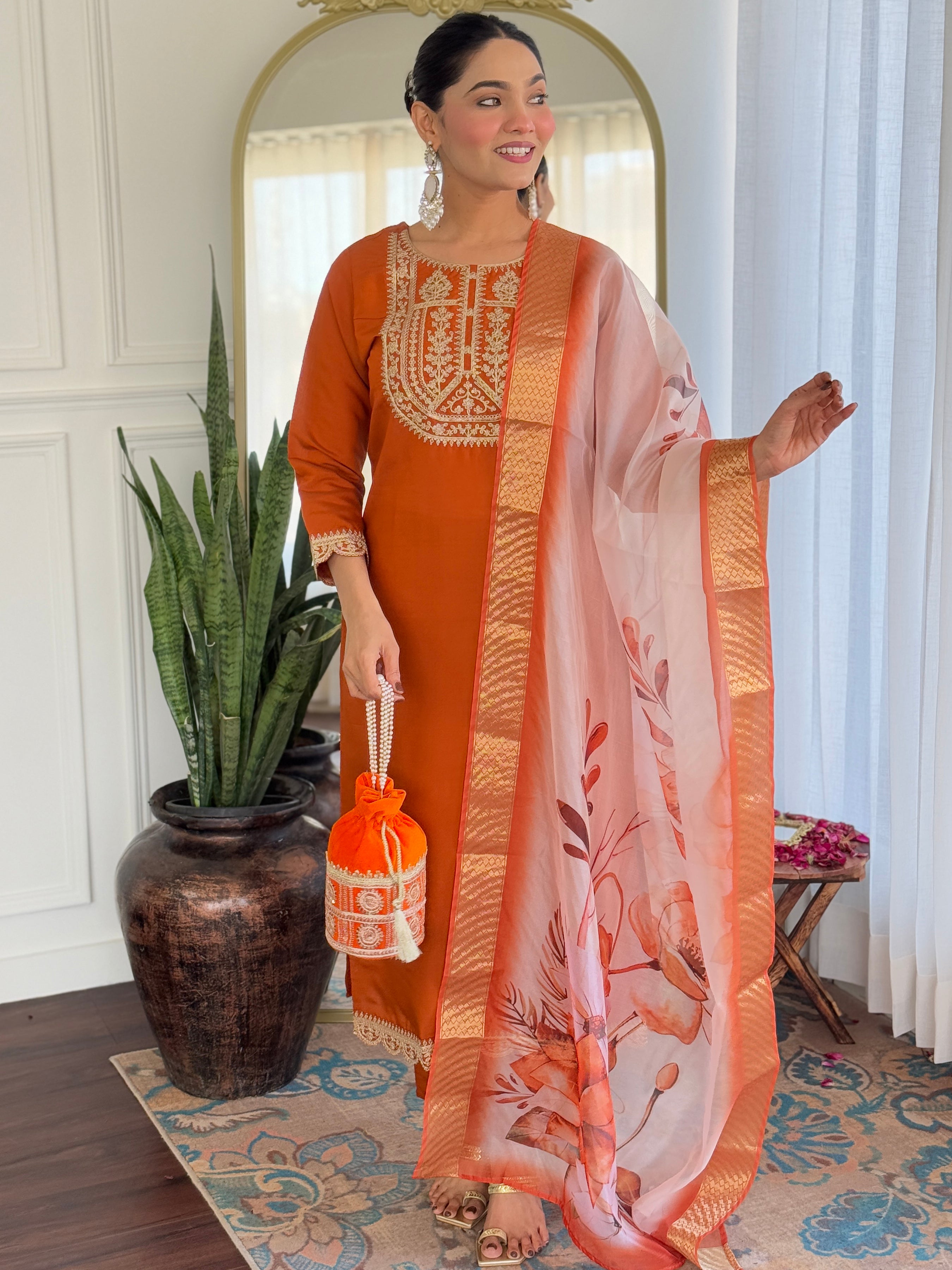 Women’s Orange Viscose Rayon Jacquard Kurta with Elegant Embroidery