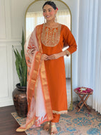 Women’s Orange Viscose Rayon Jacquard Kurta with Elegant Embroidery