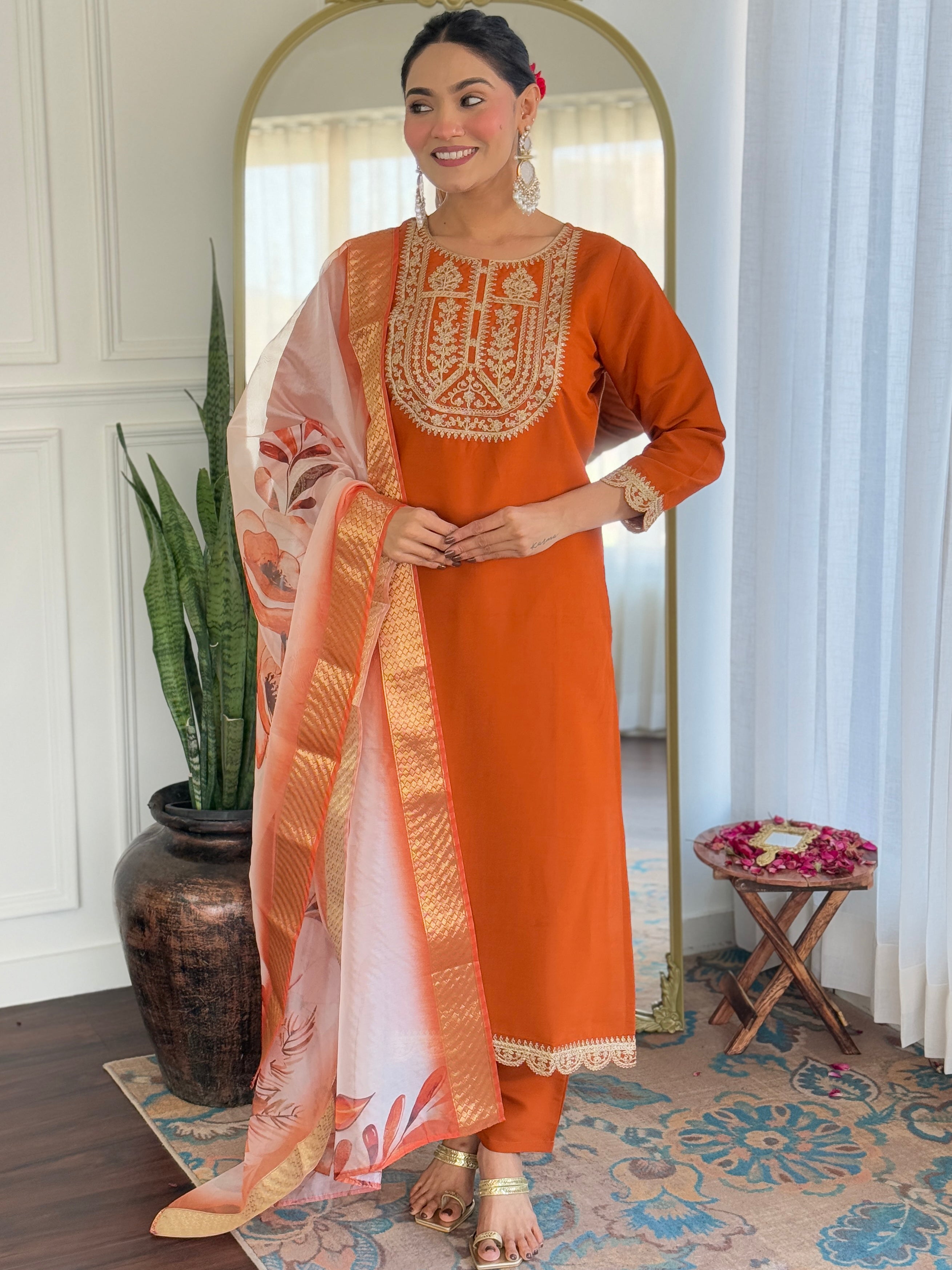 Women’s Orange Viscose Rayon Jacquard Kurta with Elegant Embroidery