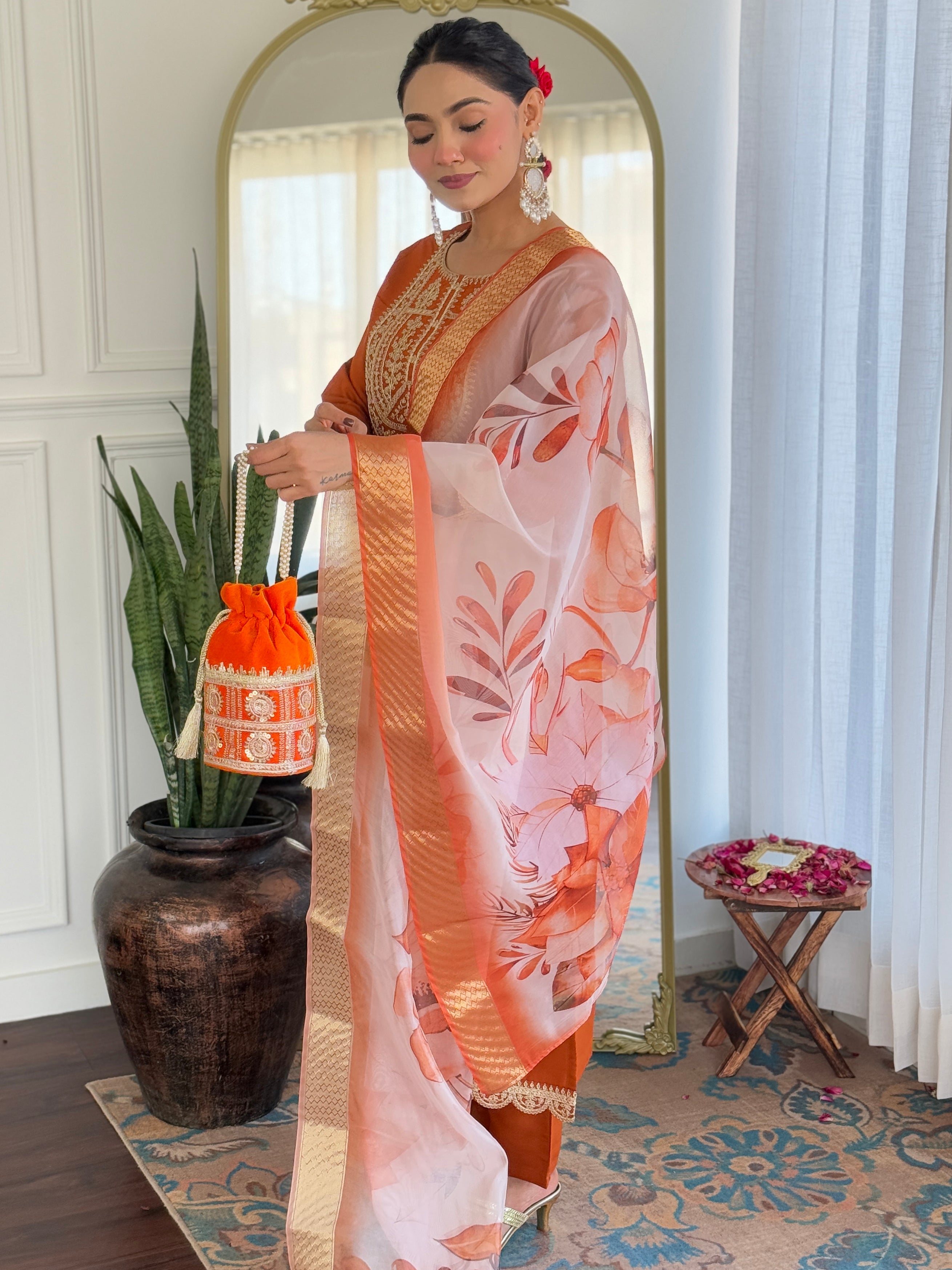 Women’s Orange Viscose Rayon Jacquard Kurta with Elegant Embroidery