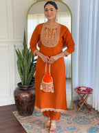 Women’s Orange Viscose Rayon Jacquard Kurta with Elegant Embroidery