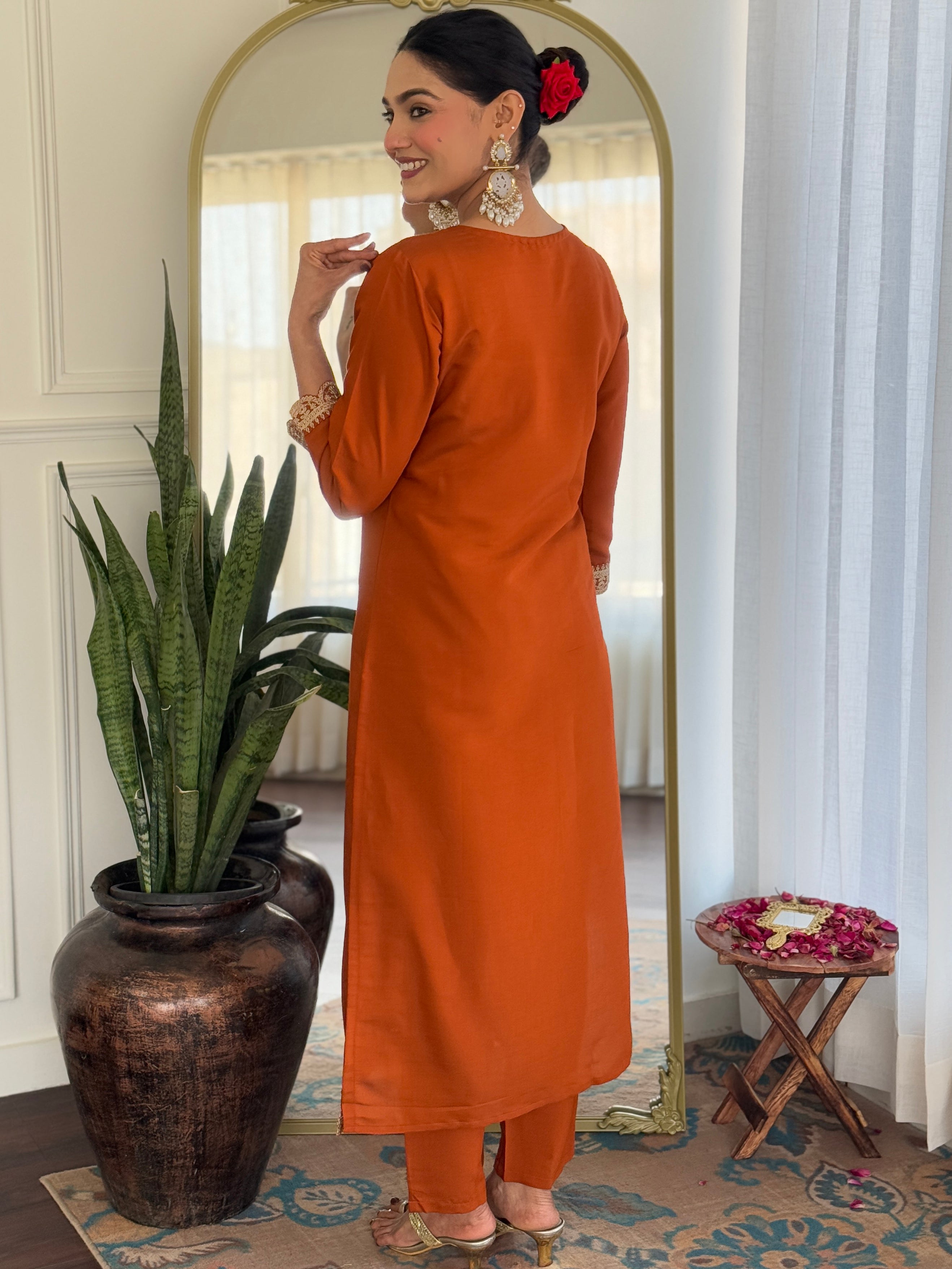 Women’s Orange Viscose Rayon Jacquard Kurta with Elegant Embroidery