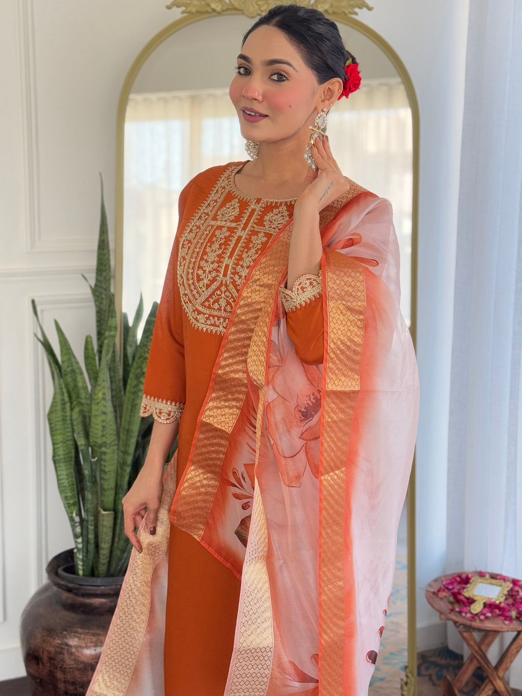 Women’s Orange Viscose Rayon Jacquard Kurta with Elegant Embroidery