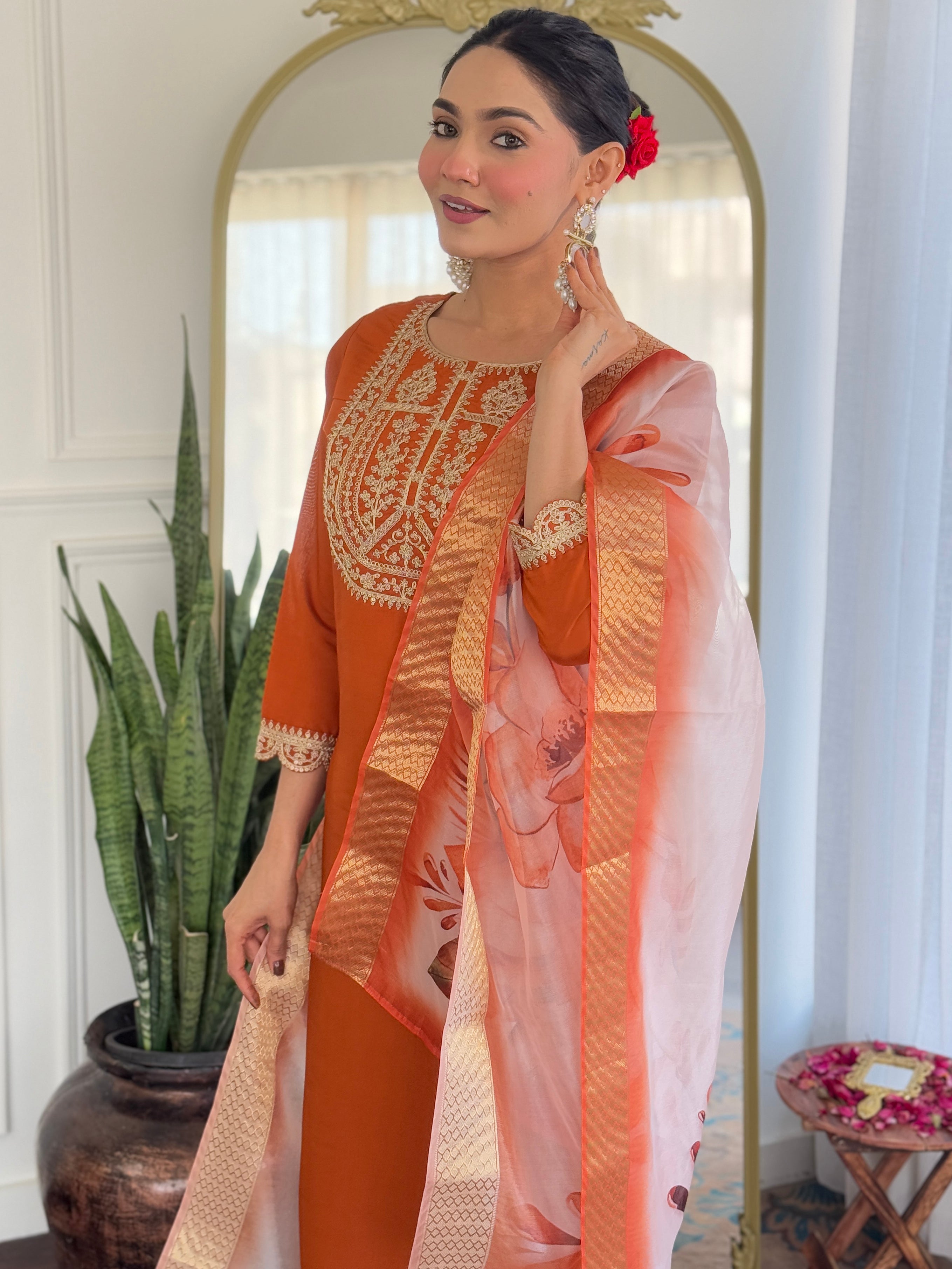 Women’s Orange Viscose Rayon Jacquard Kurta with Elegant Embroidery