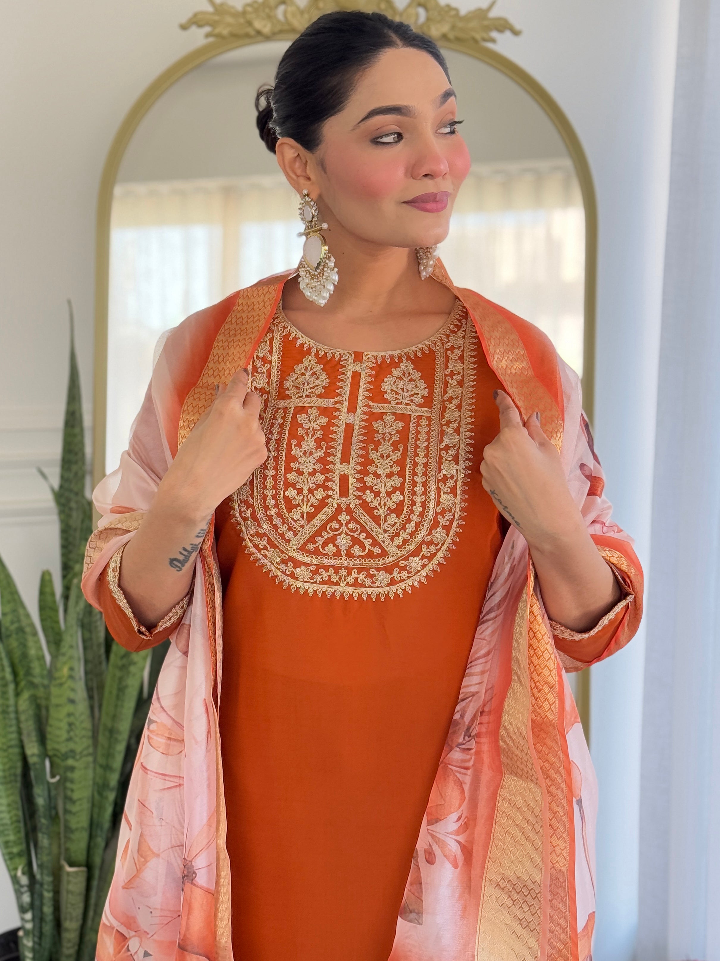 Women’s Orange Viscose Rayon Jacquard Kurta with Elegant Embroidery