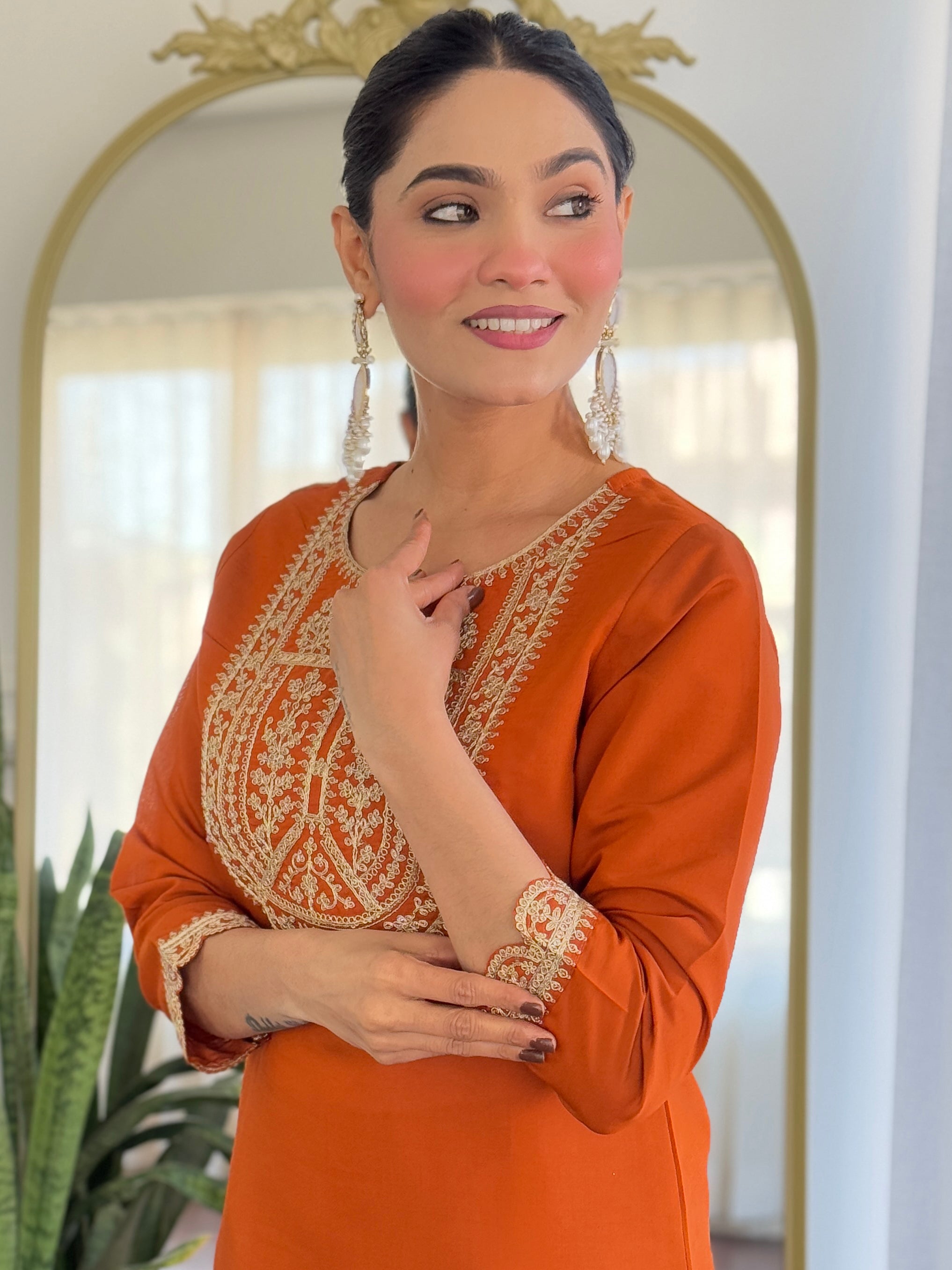 Women’s Orange Viscose Rayon Jacquard Kurta with Elegant Embroidery