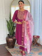 Women’s Wine Viscose Rayon Jacquard Kurta with Elegant Embroidery
