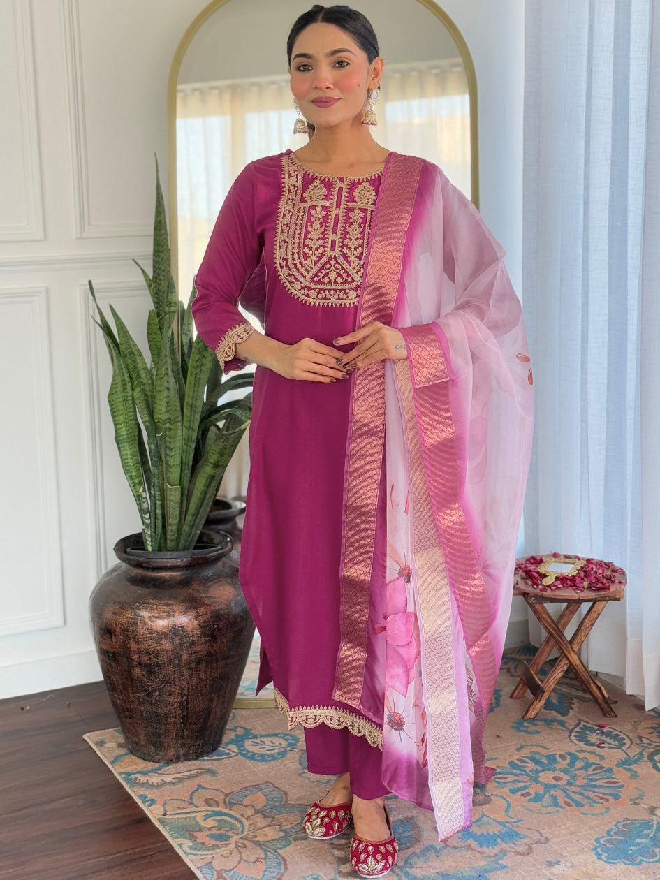 Women’s Wine Viscose Rayon Jacquard Kurta with Elegant Embroidery