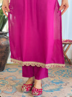 Women’s Wine Viscose Rayon Jacquard Kurta with Elegant Embroidery