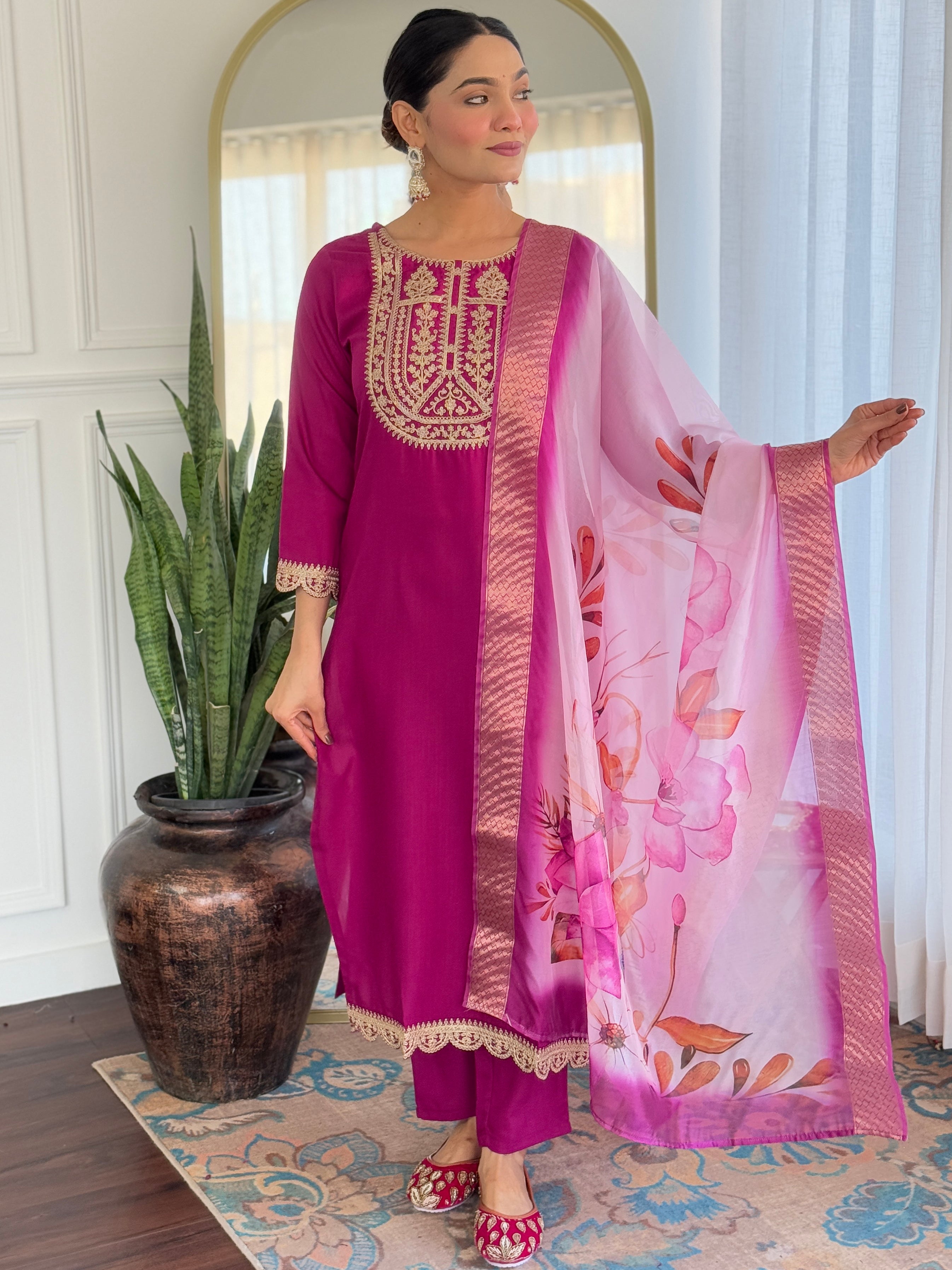 Women’s Wine Viscose Rayon Jacquard Kurta with Elegant Embroidery