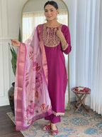 Women’s Wine Viscose Rayon Jacquard Kurta with Elegant Embroidery