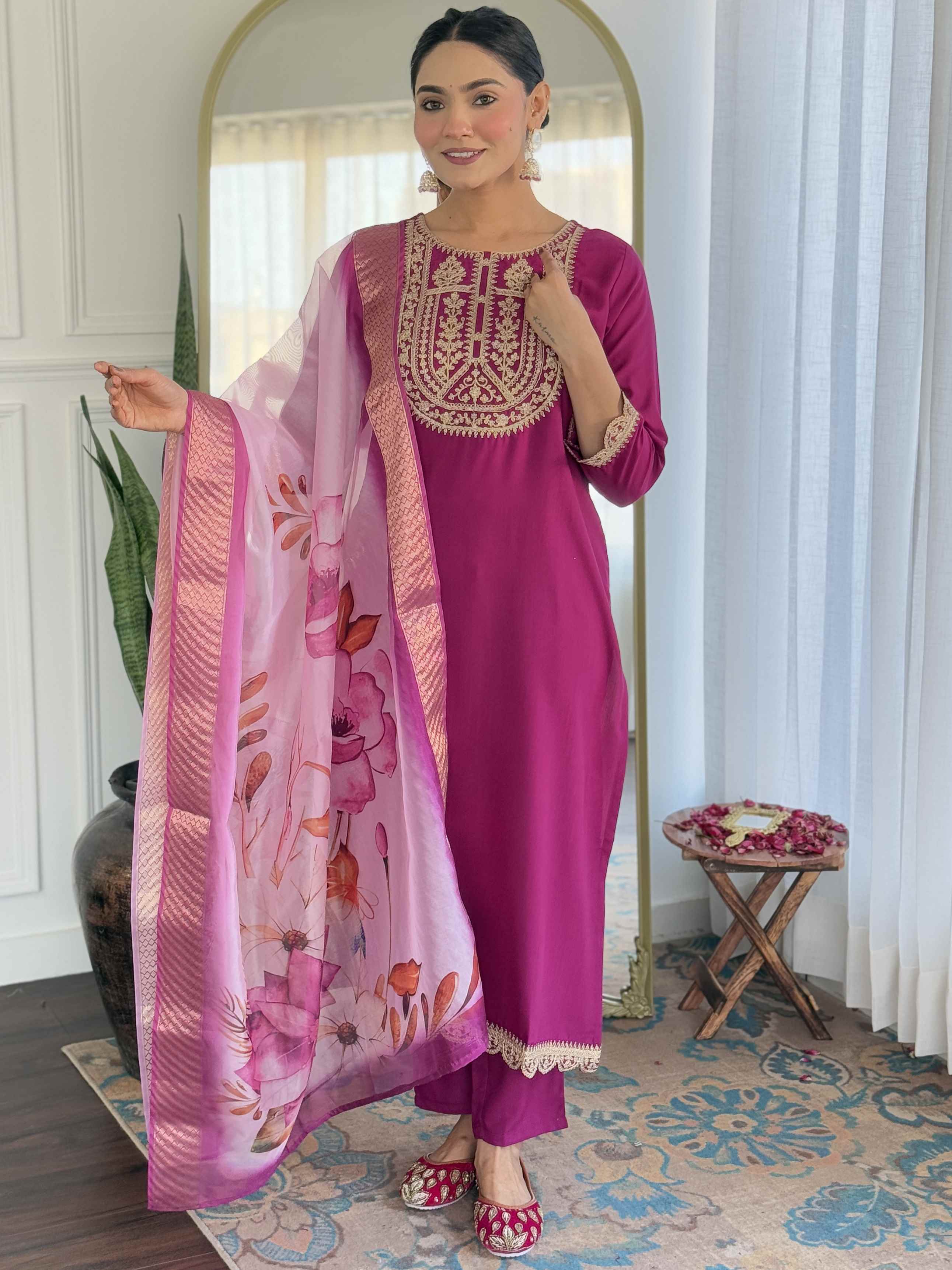 Women’s Wine Viscose Rayon Jacquard Kurta with Elegant Embroidery