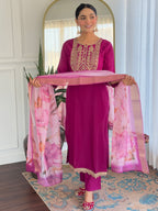 Women’s Wine Viscose Rayon Jacquard Kurta with Elegant Embroidery
