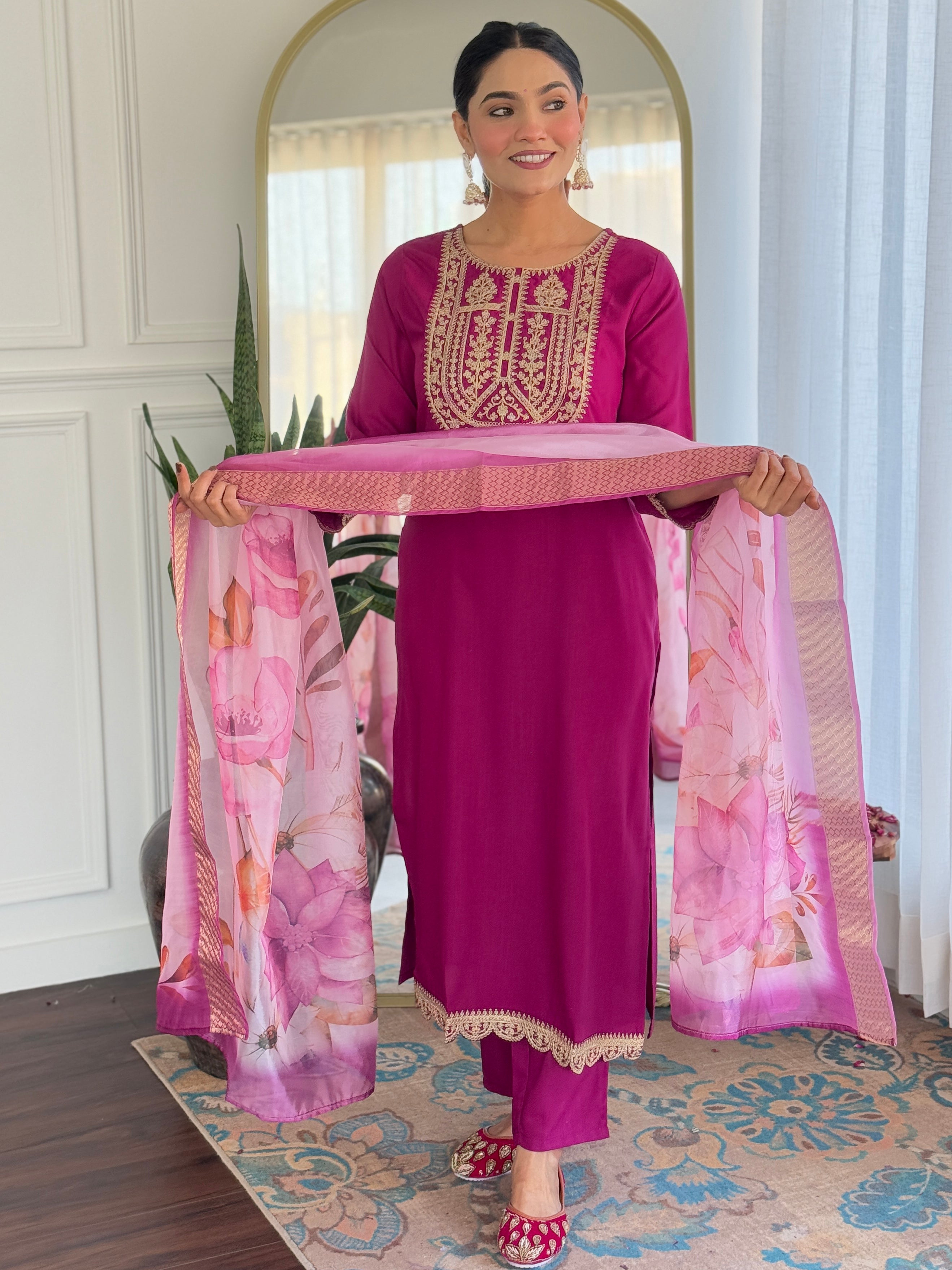 Women’s Wine Viscose Rayon Jacquard Kurta with Elegant Embroidery