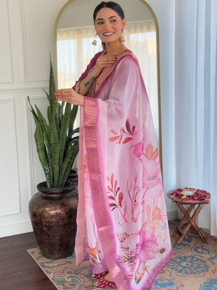 Women’s Wine Viscose Rayon Jacquard Kurta with Elegant Embroidery