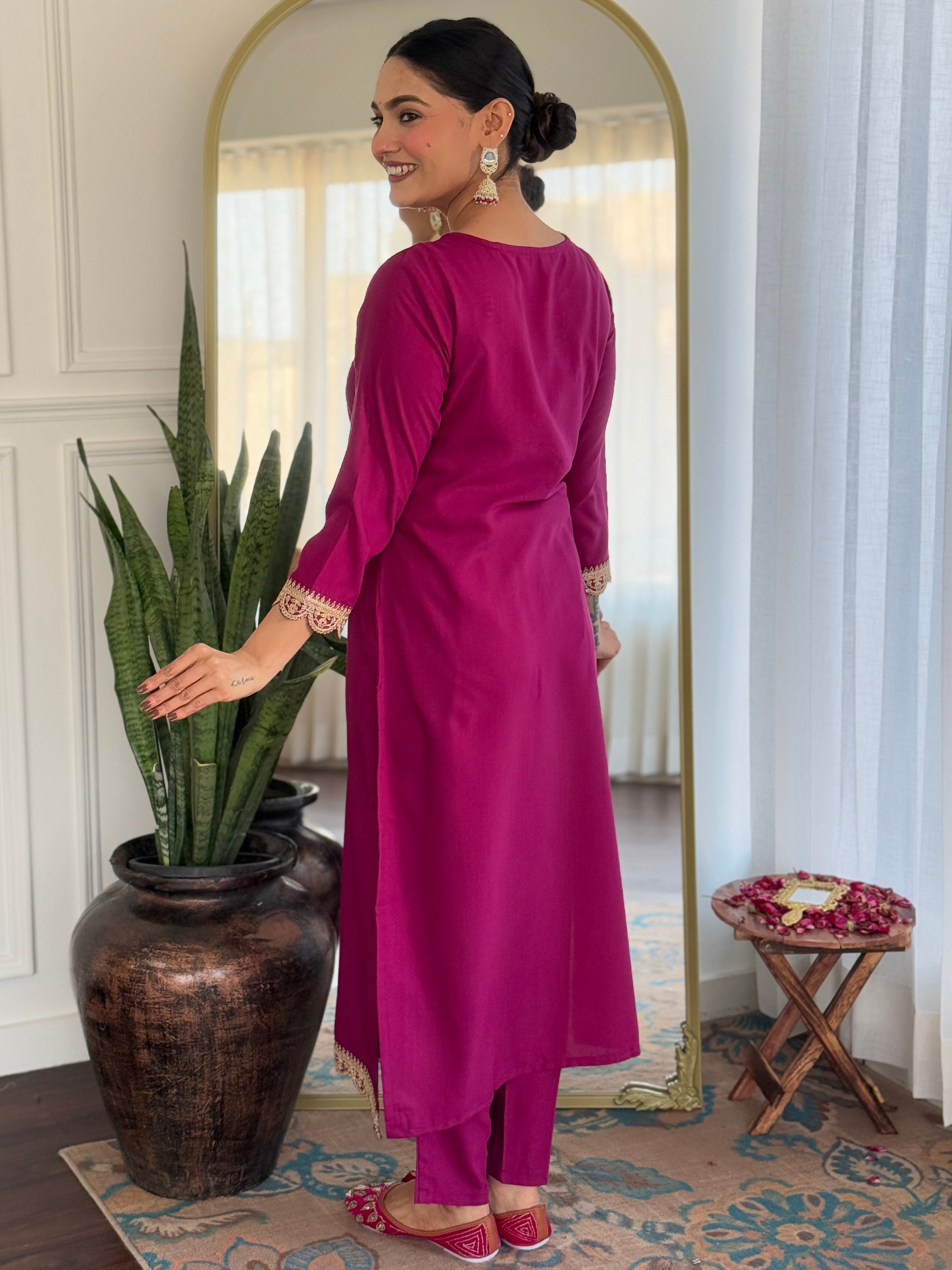 Women’s Wine Viscose Rayon Jacquard Kurta with Elegant Embroidery