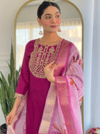Women’s Wine Viscose Rayon Jacquard Kurta with Elegant Embroidery