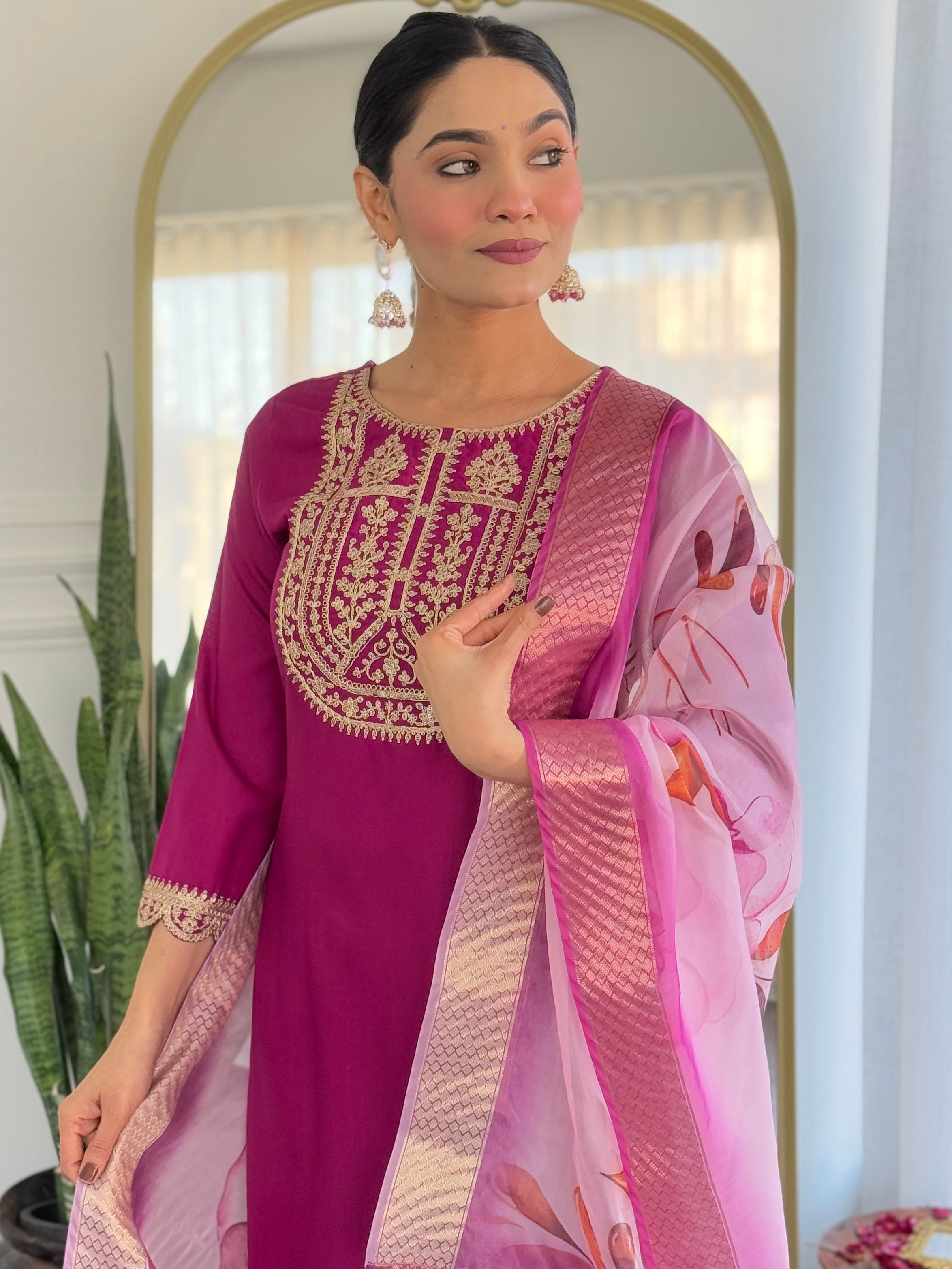 Women’s Wine Viscose Rayon Jacquard Kurta with Elegant Embroidery