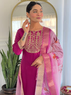 Women’s Wine Viscose Rayon Jacquard Kurta with Elegant Embroidery