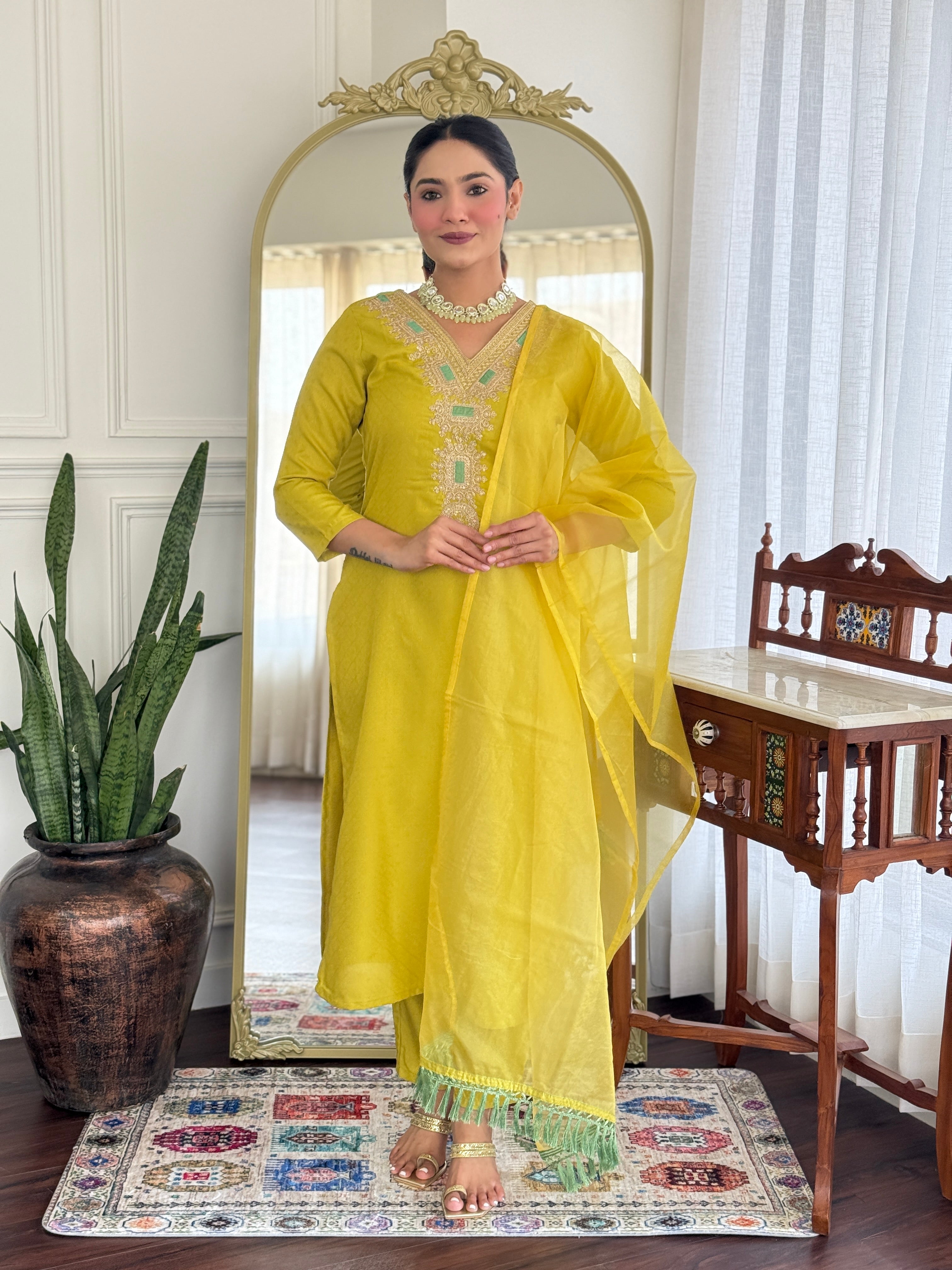 Women’s Yellow Viscose Rayon Jacquard Kurta with Elegant Embroidery