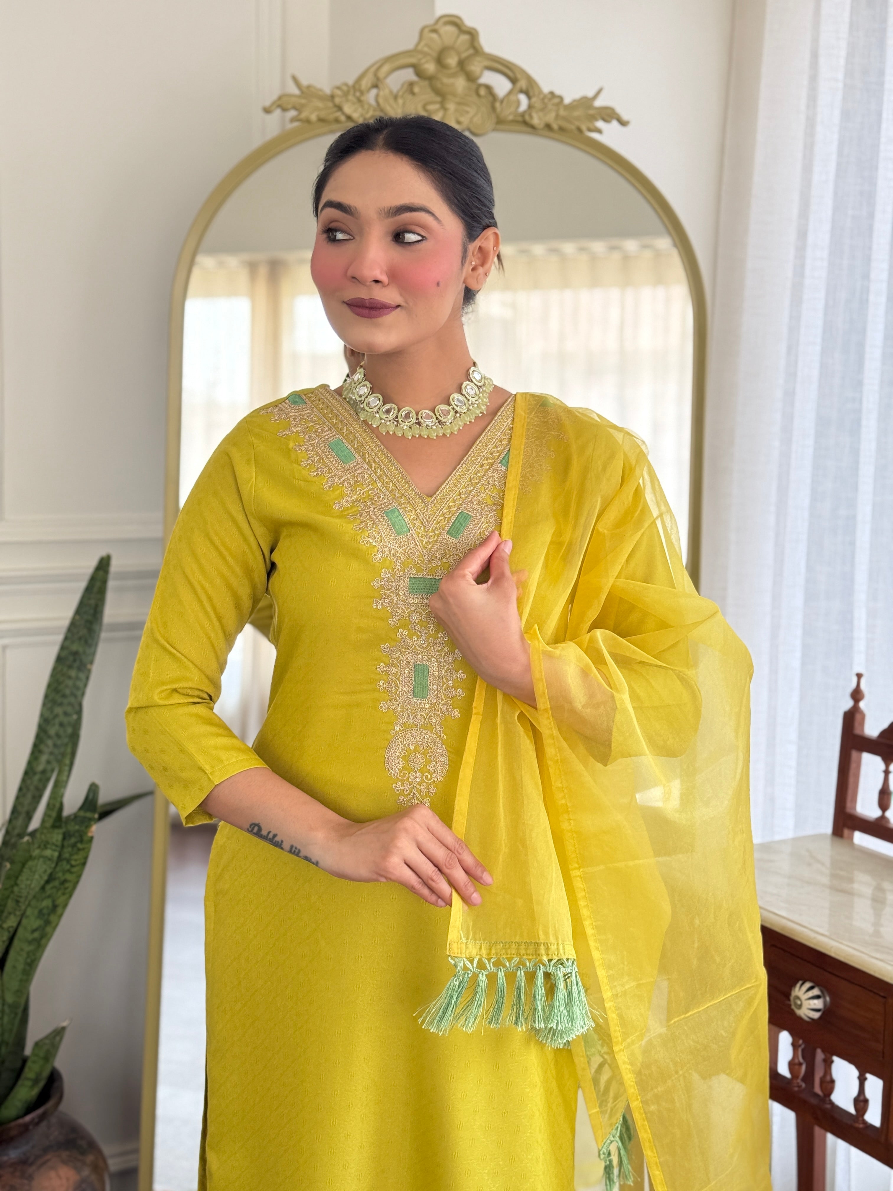 Women’s Yellow Viscose Rayon Jacquard Kurta with Elegant Embroidery