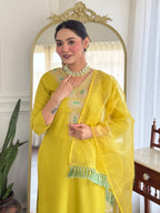 Women’s Yellow Viscose Rayon Jacquard Kurta with Elegant Embroidery