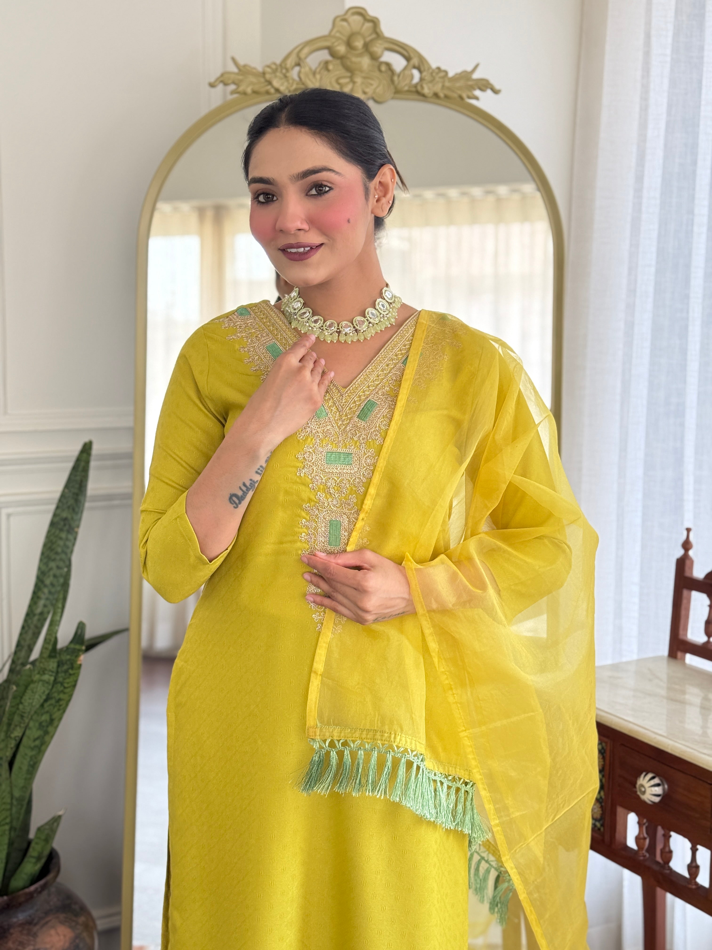 Women’s Yellow Viscose Rayon Jacquard Kurta with Elegant Embroidery