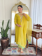 Women’s Yellow Viscose Rayon Jacquard Kurta with Elegant Embroidery