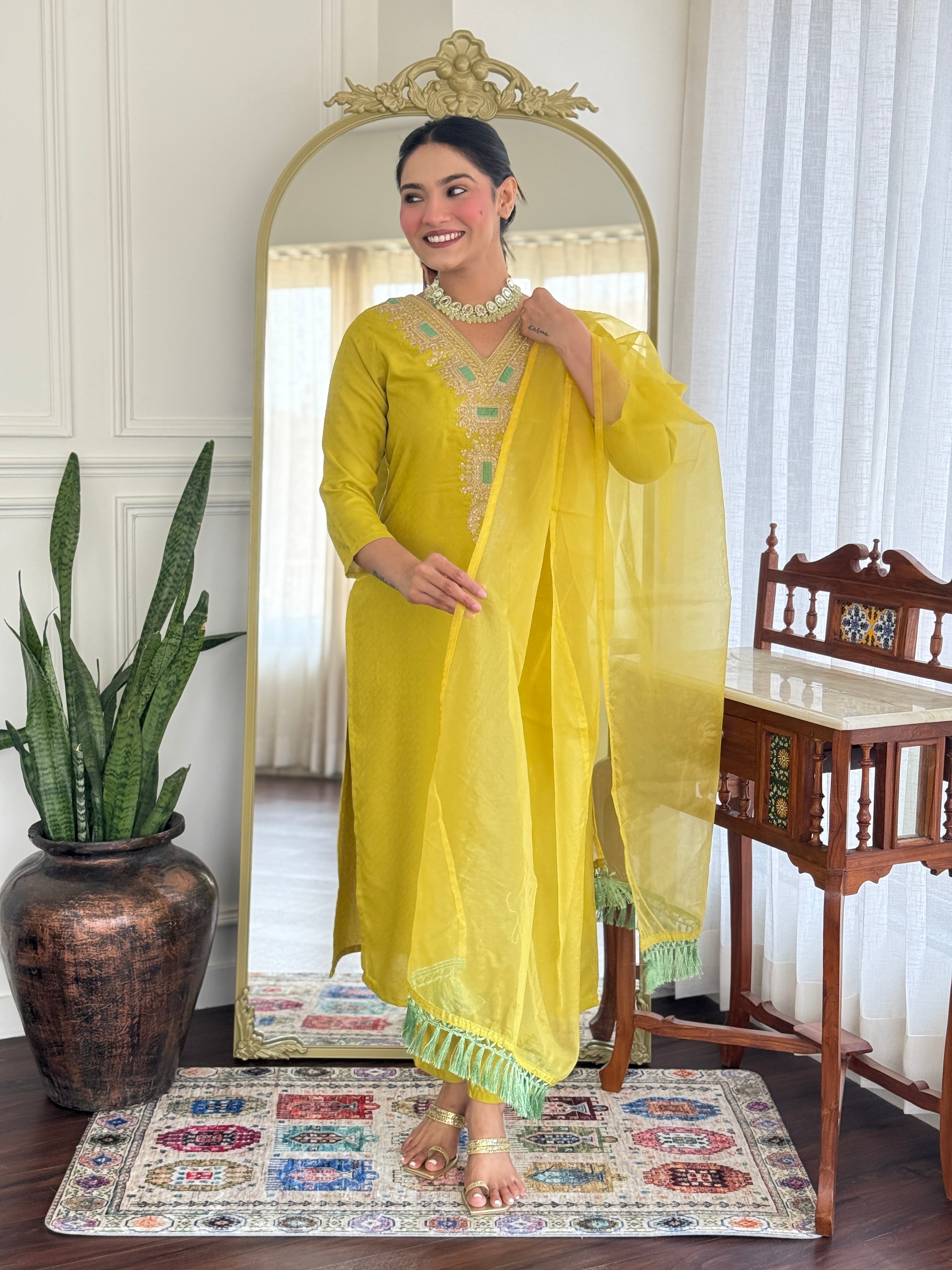 Women’s Yellow Viscose Rayon Jacquard Kurta with Elegant Embroidery