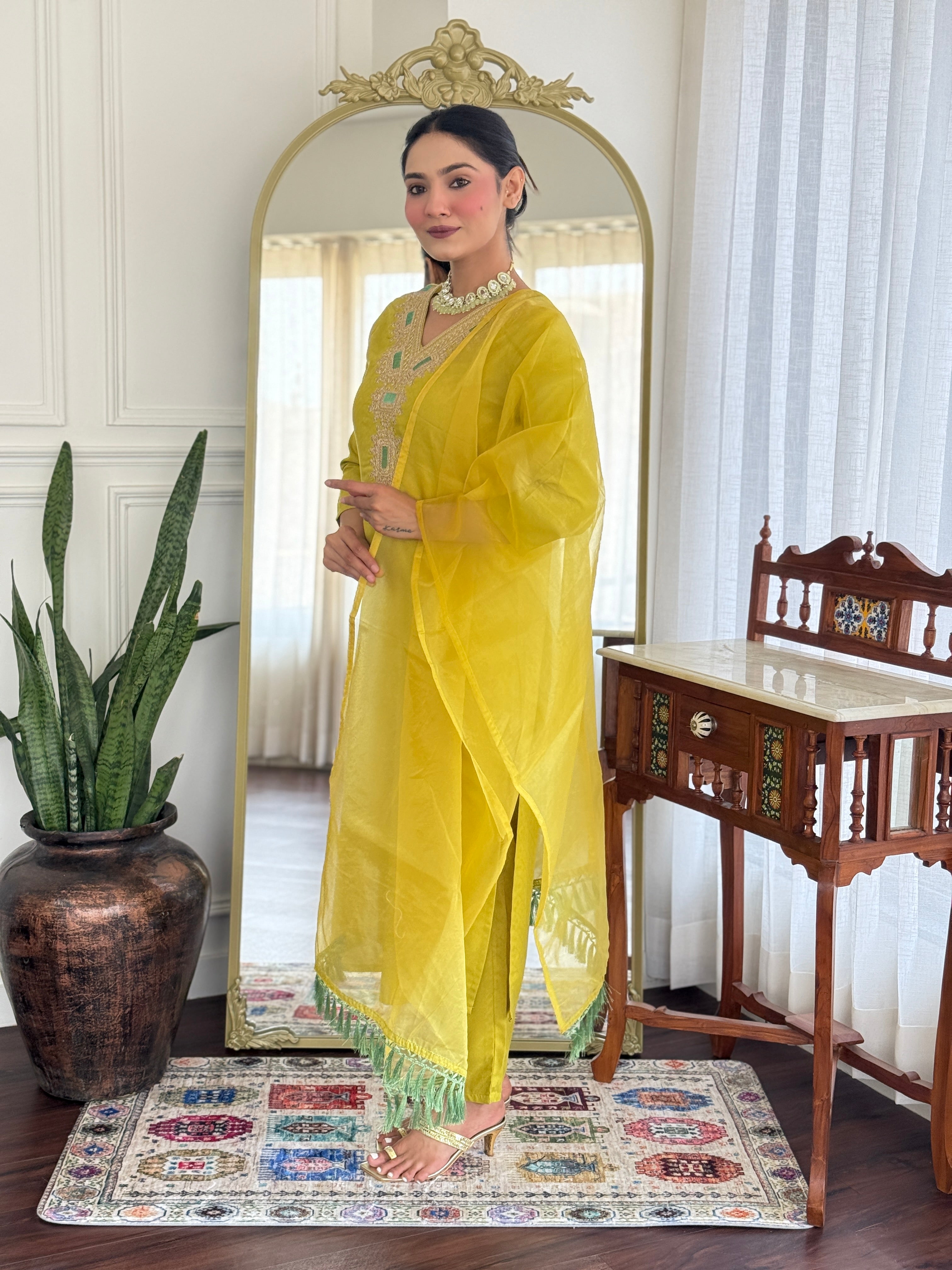 Women’s Yellow Viscose Rayon Jacquard Kurta with Elegant Embroidery