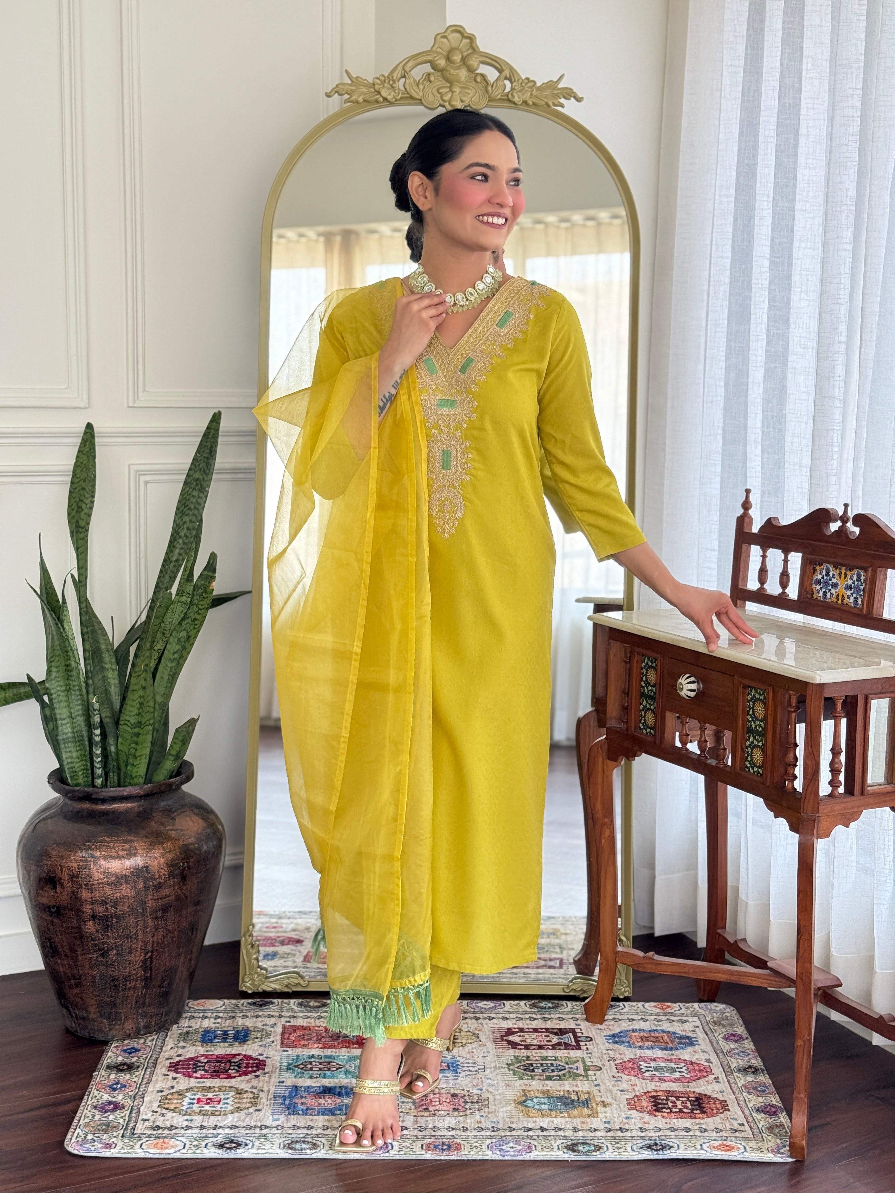 Women’s Yellow Viscose Rayon Jacquard Kurta with Elegant Embroidery