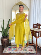 Women’s Yellow Viscose Rayon Jacquard Kurta with Elegant Embroidery