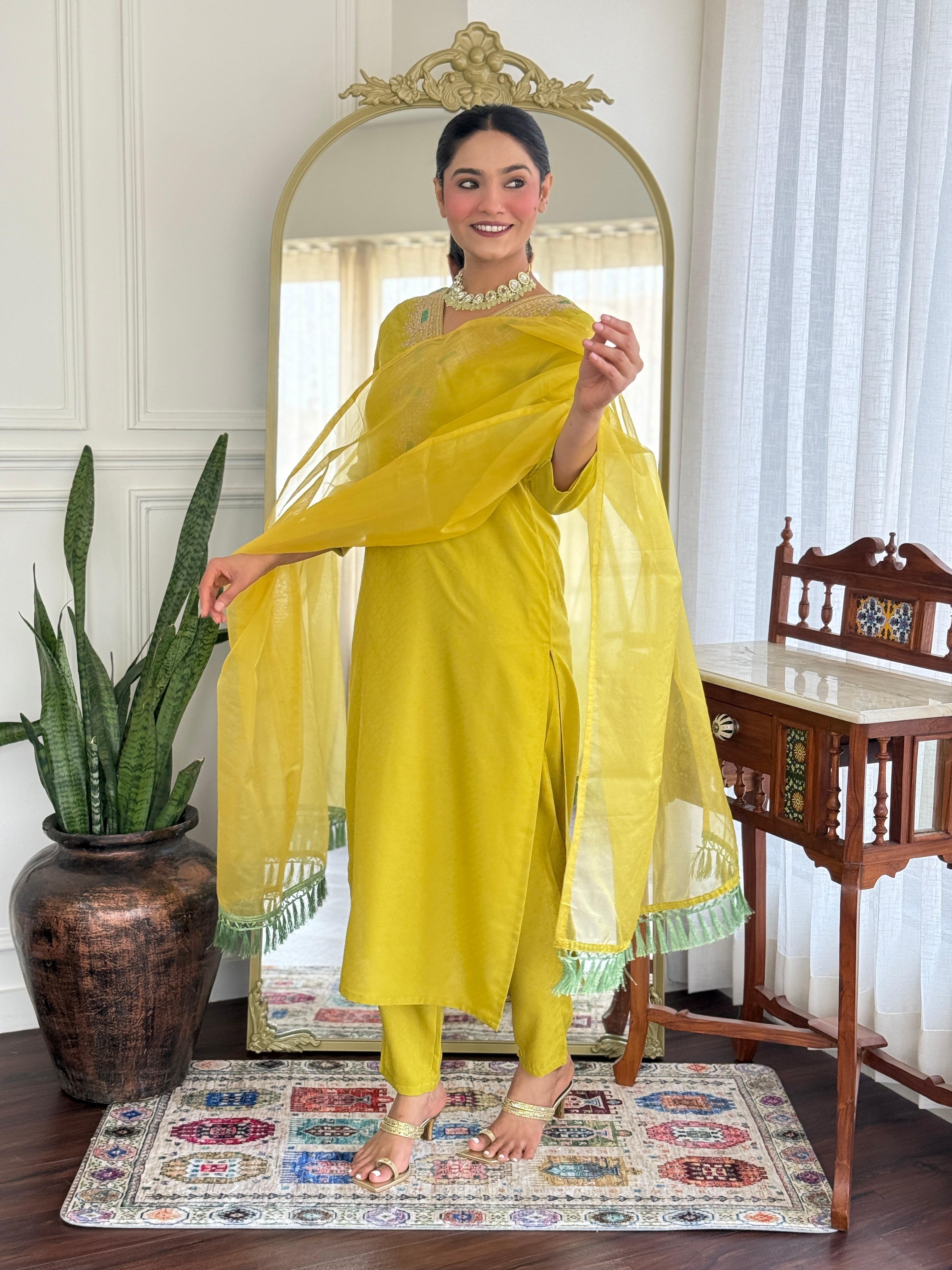 Women’s Yellow Viscose Rayon Jacquard Kurta with Elegant Embroidery