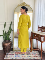 Women’s Yellow Viscose Rayon Jacquard Kurta with Elegant Embroidery